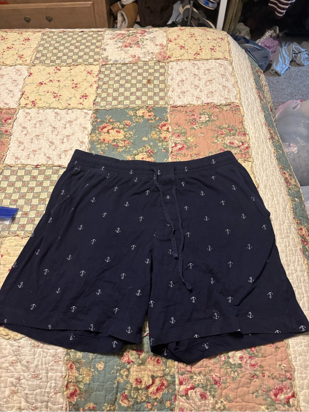 Navy Anchor-Print Casual Drawstring Shorts